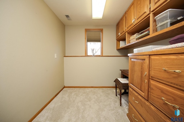 interior space with visible vents and light colored carpet