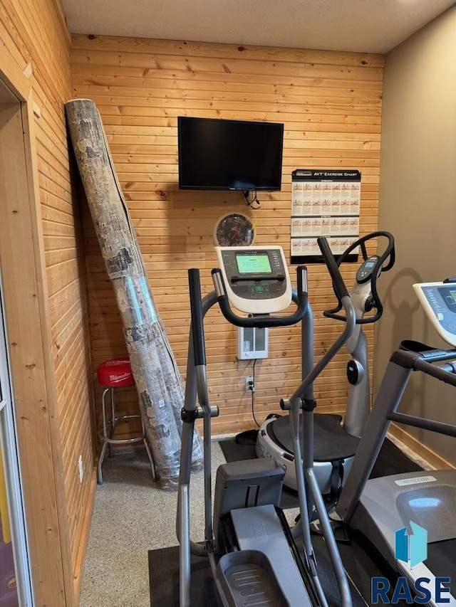 workout room with wooden walls and carpet floors