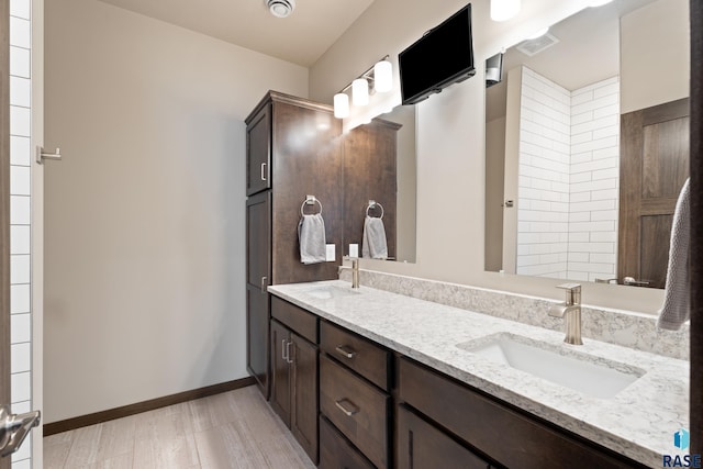 bathroom featuring a sink, visible vents, baseboards, and double vanity