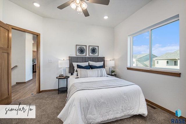 carpeted bedroom featuring recessed lighting, visible vents, baseboards, and a ceiling fan