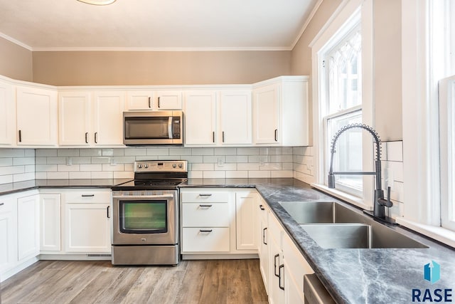 kitchen with ornamental molding, a sink, tasteful backsplash, stainless steel appliances, and light wood finished floors