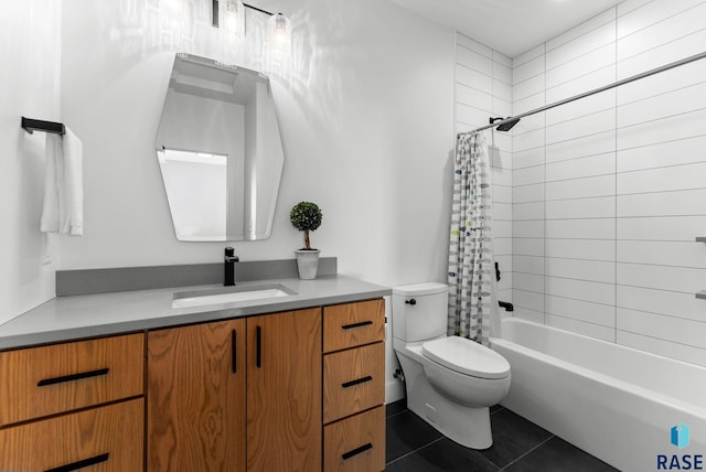 bathroom with tile patterned floors, shower / bathtub combination with curtain, toilet, and vanity