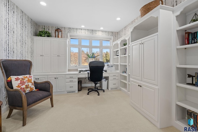 office area featuring recessed lighting, light colored carpet, and wallpapered walls