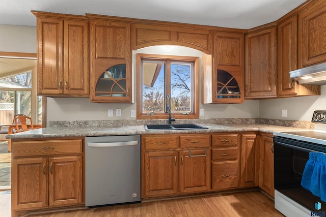 kitchen featuring stainless steel dishwasher, electric range, brown cabinets, and a sink