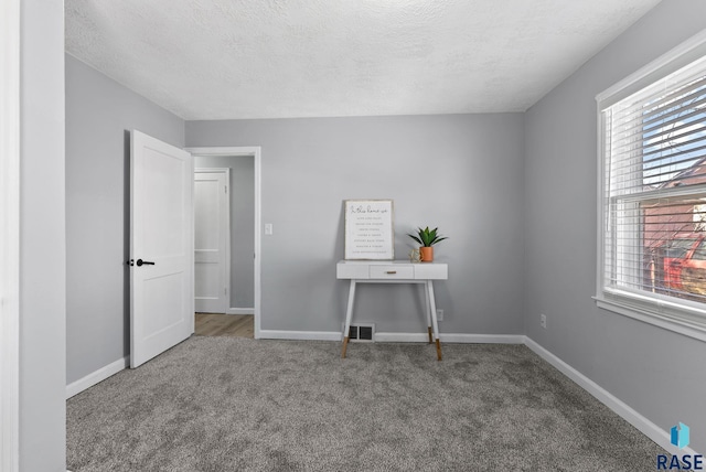 interior space featuring visible vents, baseboards, a textured ceiling, and carpet flooring