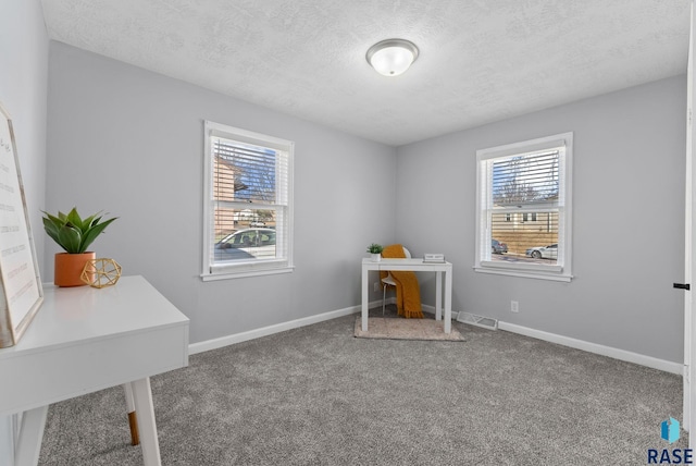 carpeted office with a textured ceiling and baseboards