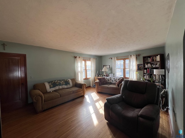 living area featuring a textured ceiling and wood finished floors