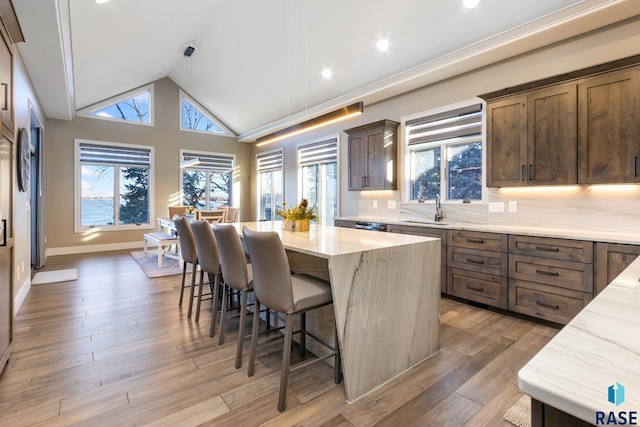 kitchen with a kitchen breakfast bar, light wood-style flooring, a kitchen island, and a sink