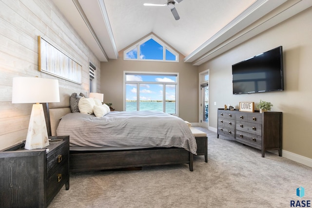 carpeted bedroom featuring ceiling fan, high vaulted ceiling, and baseboards