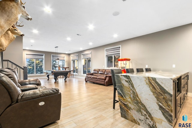 living area featuring pool table, recessed lighting, light wood-style floors, and visible vents