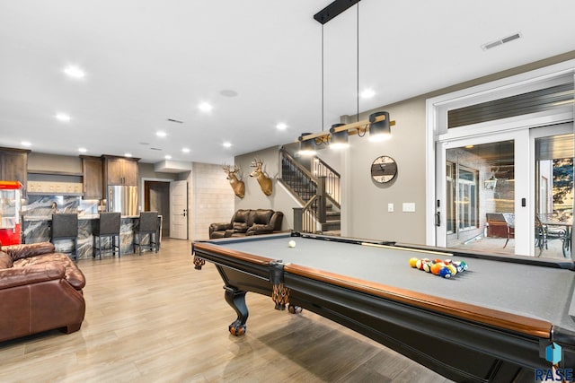 playroom with pool table, recessed lighting, light wood-style floors, and visible vents