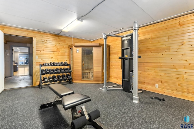 workout room with wooden walls