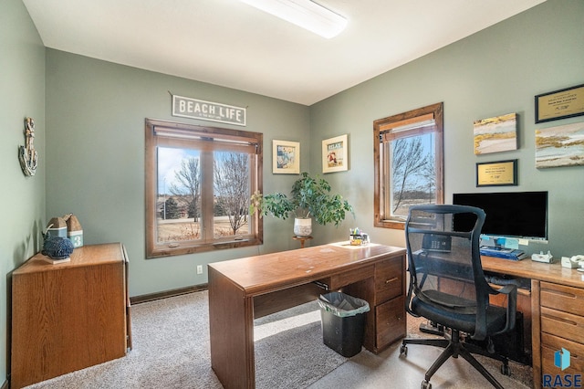 office area featuring baseboards and light carpet