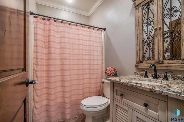 full bathroom featuring curtained shower, toilet, ornamental molding, and vanity