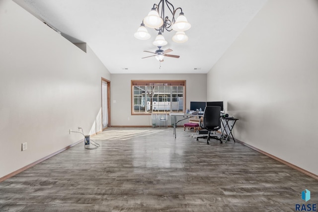 office featuring ceiling fan, baseboards, and wood finished floors