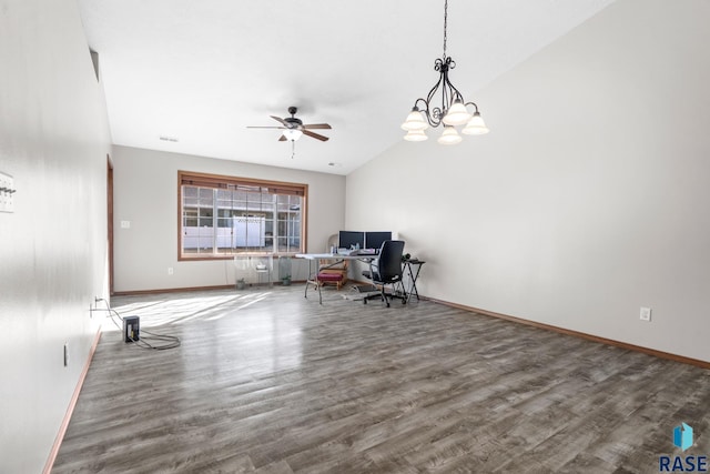 unfurnished office featuring baseboards, a ceiling fan, lofted ceiling, and wood finished floors