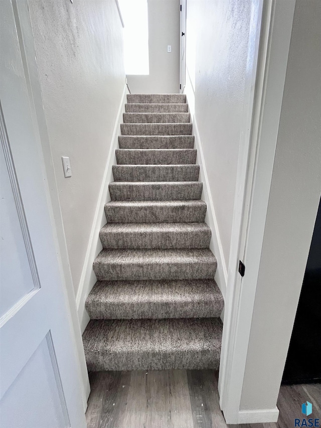 stairs featuring wood finished floors