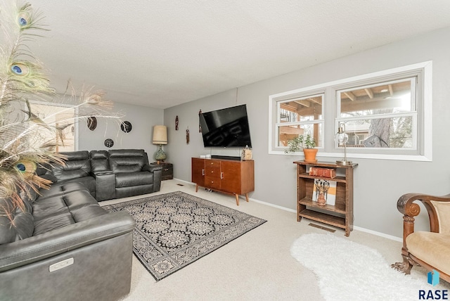 living room with carpet flooring, baseboards, and a textured ceiling