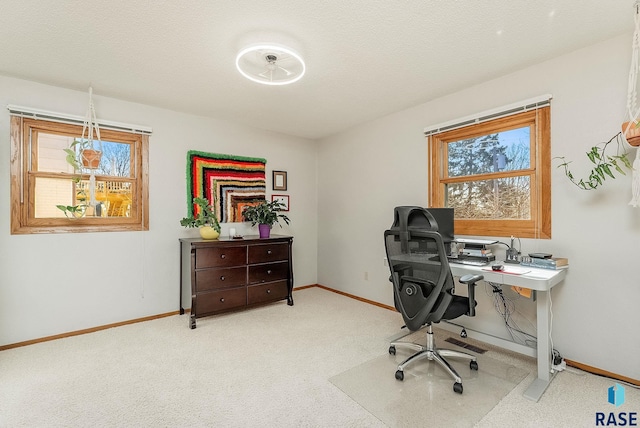 home office with baseboards, carpet floors, a textured ceiling, and a healthy amount of sunlight