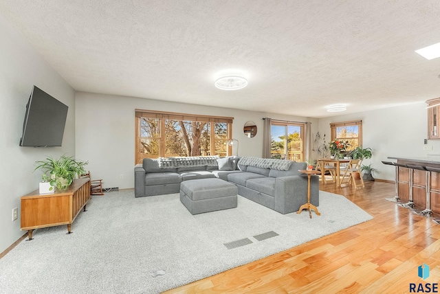 living room with baseboards, a textured ceiling, and wood finished floors