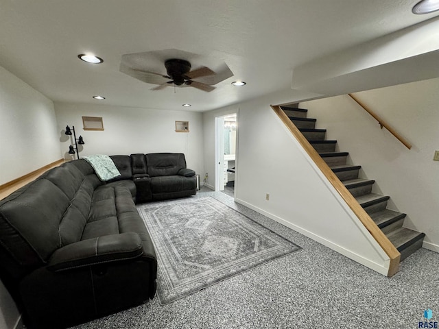 living room with stairway, recessed lighting, baseboards, and a ceiling fan