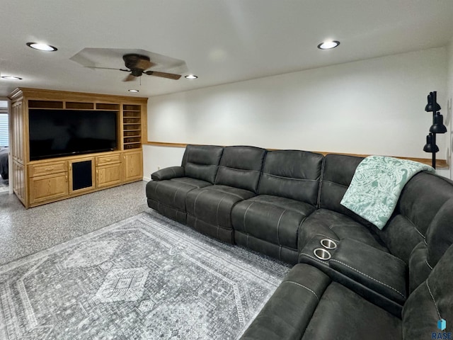 carpeted living area featuring built in features, recessed lighting, and a ceiling fan