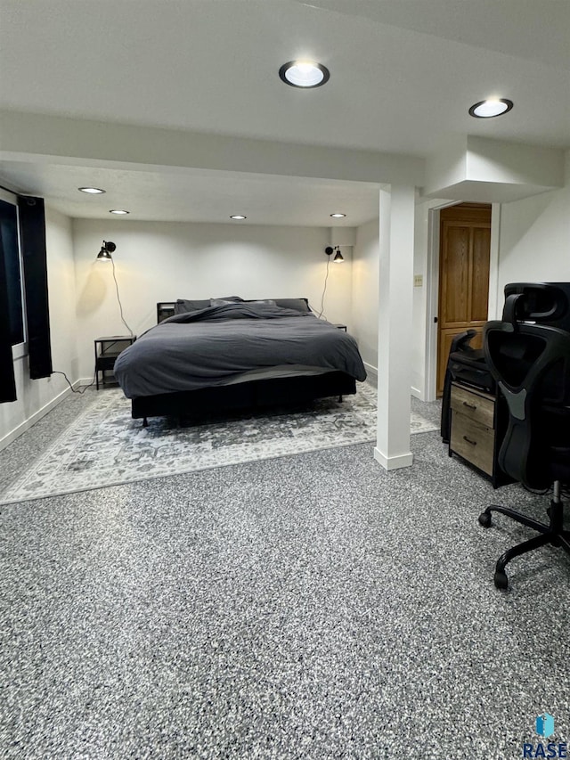 bedroom with recessed lighting, baseboards, and carpet flooring