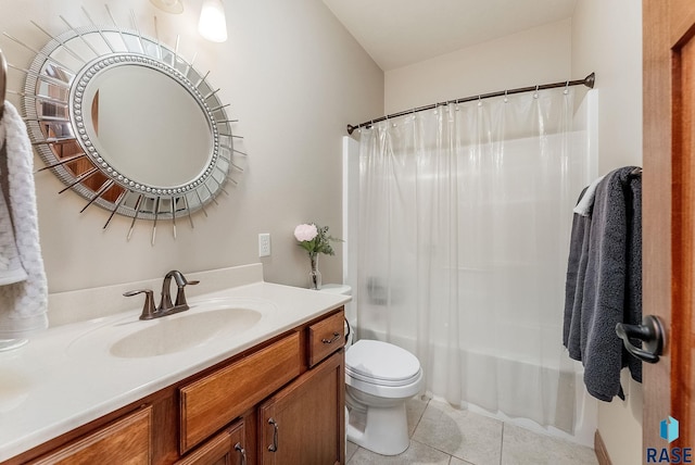 full bathroom with tile patterned floors, shower / bath combination with curtain, vanity, and toilet