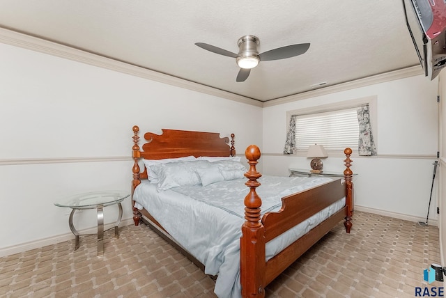 bedroom with visible vents, baseboards, ornamental molding, brick floor, and a ceiling fan