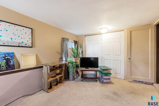 living area featuring carpet