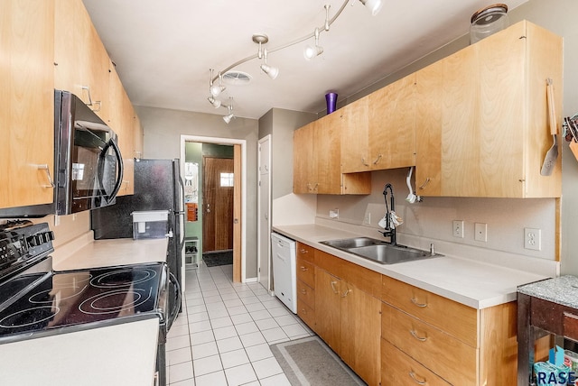 kitchen with light countertops, white dishwasher, light tile patterned flooring, electric range, and a sink