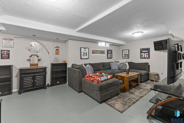 living room featuring a textured ceiling and finished concrete flooring