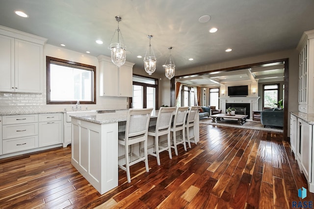 kitchen featuring white cabinets, open floor plan, dark wood-style flooring, and a kitchen island