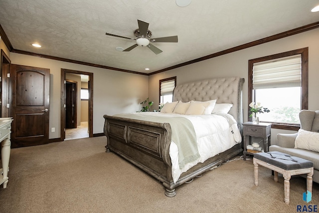 bedroom with light carpet, ornamental molding, a textured ceiling, recessed lighting, and baseboards