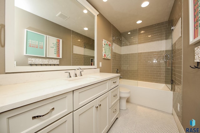 full bathroom with visible vents, toilet, recessed lighting,  shower combination, and vanity