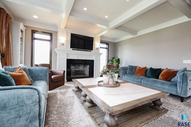 living room featuring coffered ceiling, beam ceiling, ornamental molding, light colored carpet, and a large fireplace