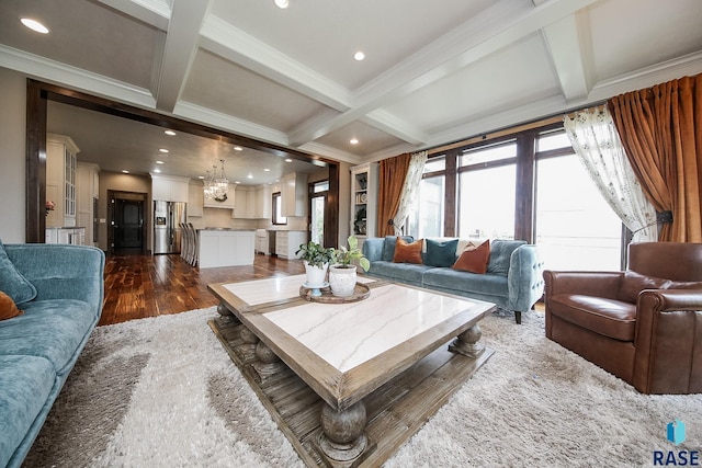 living area featuring dark wood-type flooring, crown molding, beamed ceiling, recessed lighting, and coffered ceiling