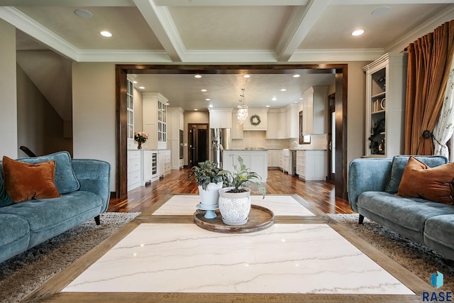 living room with recessed lighting, beamed ceiling, wood finished floors, and crown molding