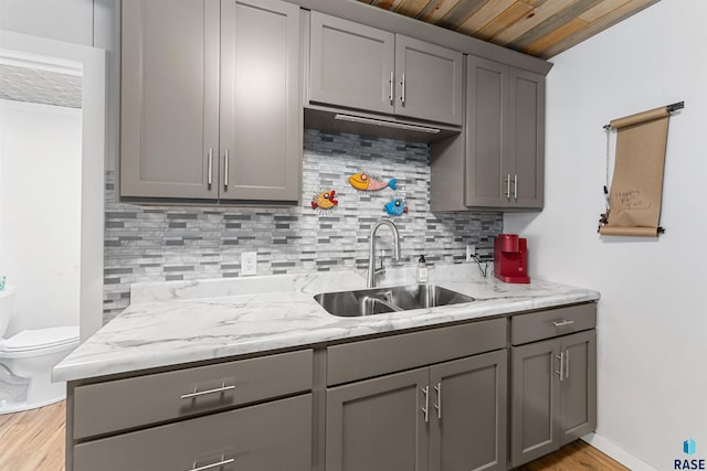 kitchen featuring backsplash, light stone countertops, light wood-type flooring, gray cabinets, and a sink