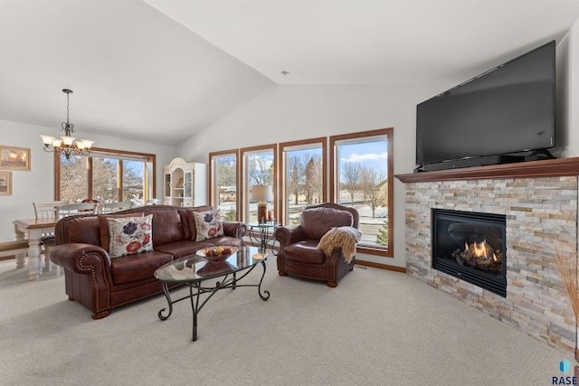 living room with an inviting chandelier, a fireplace, carpet flooring, and vaulted ceiling