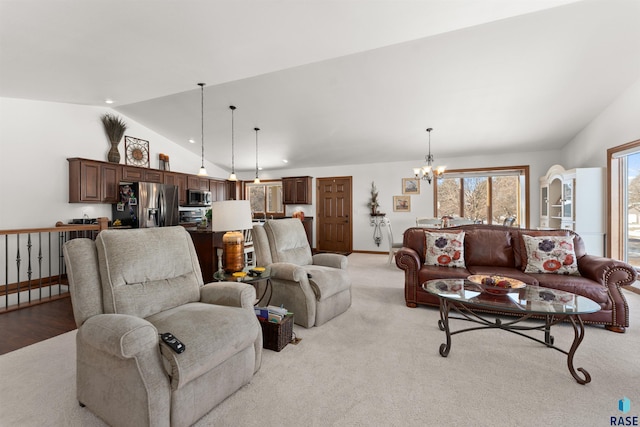 living room with baseboards, light colored carpet, lofted ceiling, recessed lighting, and a notable chandelier