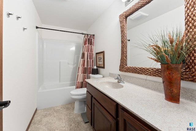 bathroom featuring vanity, toilet, visible vents, and shower / tub combo with curtain