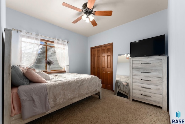 bedroom featuring a closet, carpet floors, and a ceiling fan