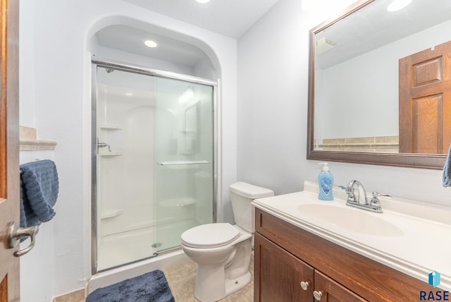 full bathroom with tile patterned flooring, visible vents, toilet, a stall shower, and vanity