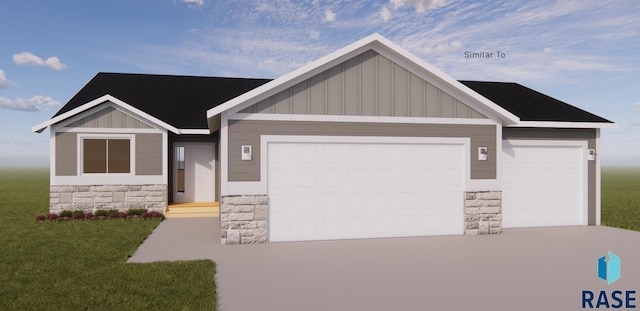 craftsman house featuring board and batten siding, a garage, stone siding, and driveway