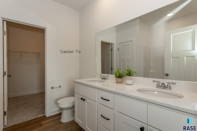 bathroom featuring double vanity, toilet, wood finished floors, and a sink