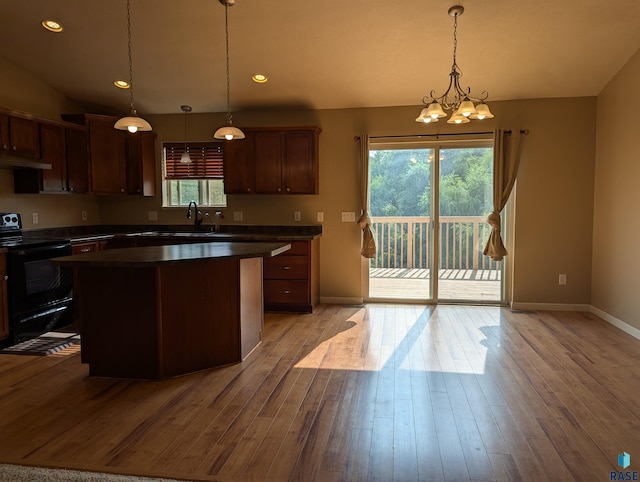 kitchen featuring dark countertops, under cabinet range hood, black electric range, wood finished floors, and a sink