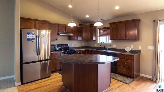 kitchen with a sink, dark countertops, freestanding refrigerator, black / electric stove, and dishwashing machine