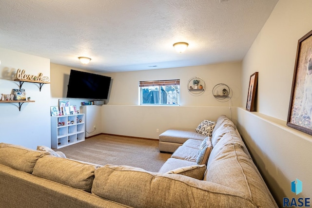 living room featuring carpet flooring, a textured ceiling, and baseboards