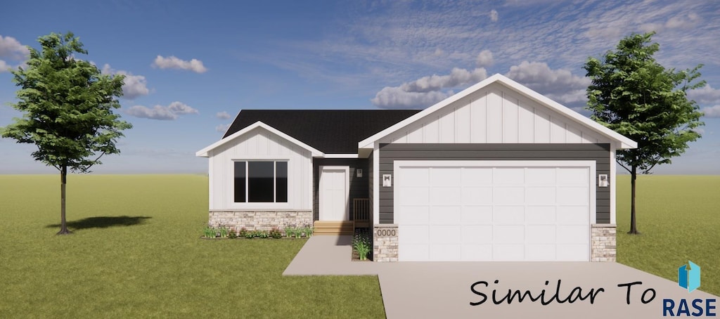 view of front of property featuring concrete driveway, an attached garage, stone siding, and a front yard